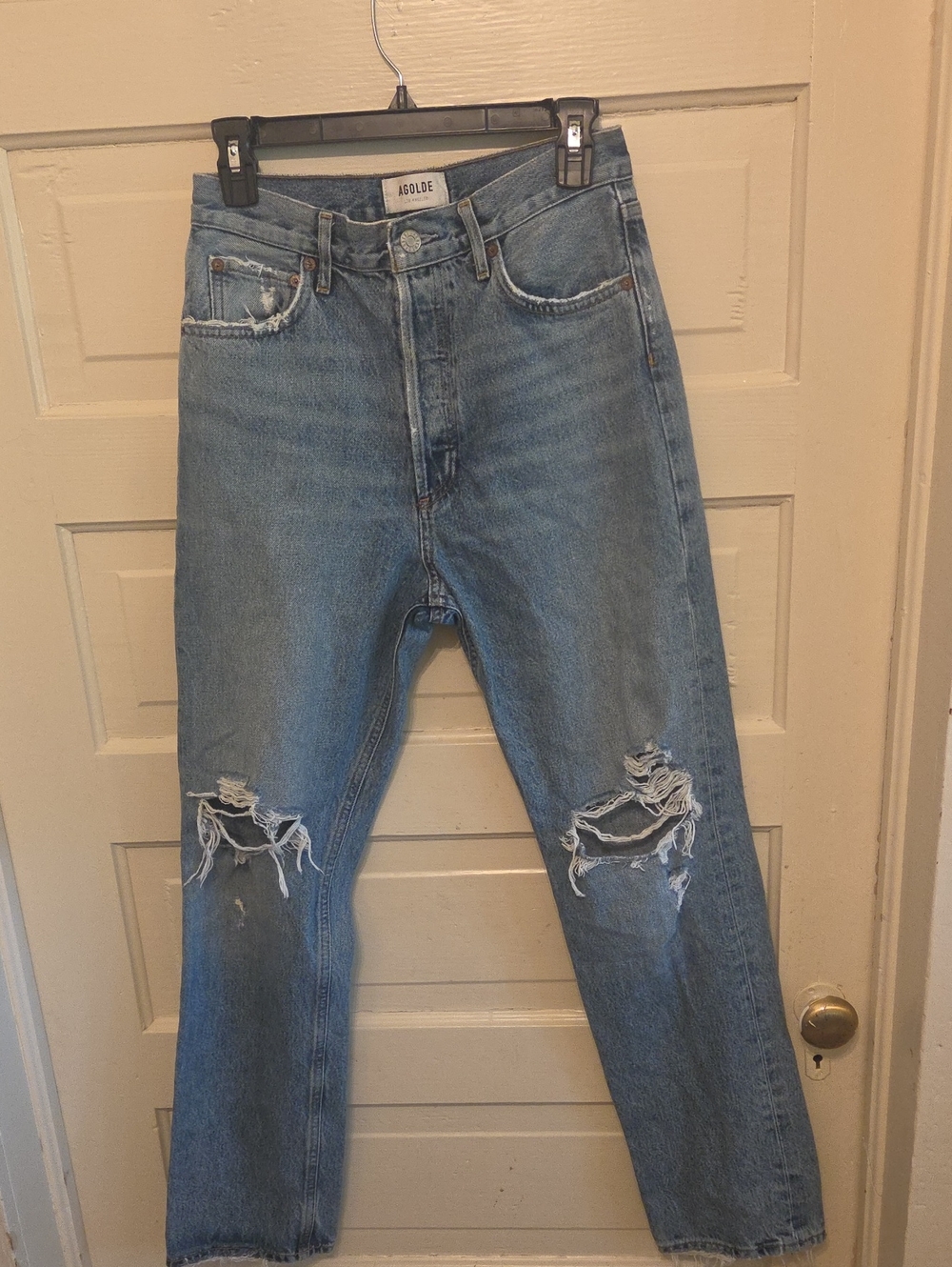 Agolde Riley High Rise Blue Ripped Straight-Leg Jeans